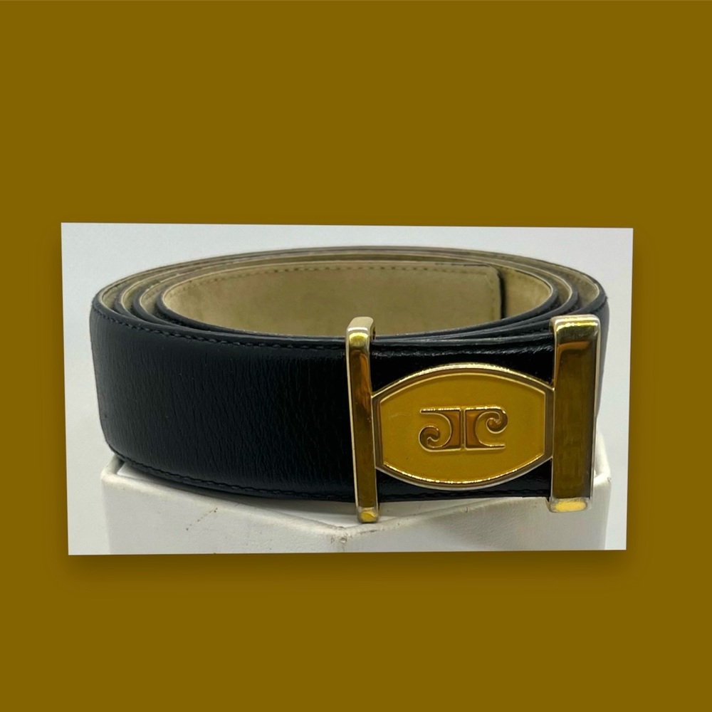 Designer Belt Vintage Black Leather Gold Logo Buckle By Pierre Cardin